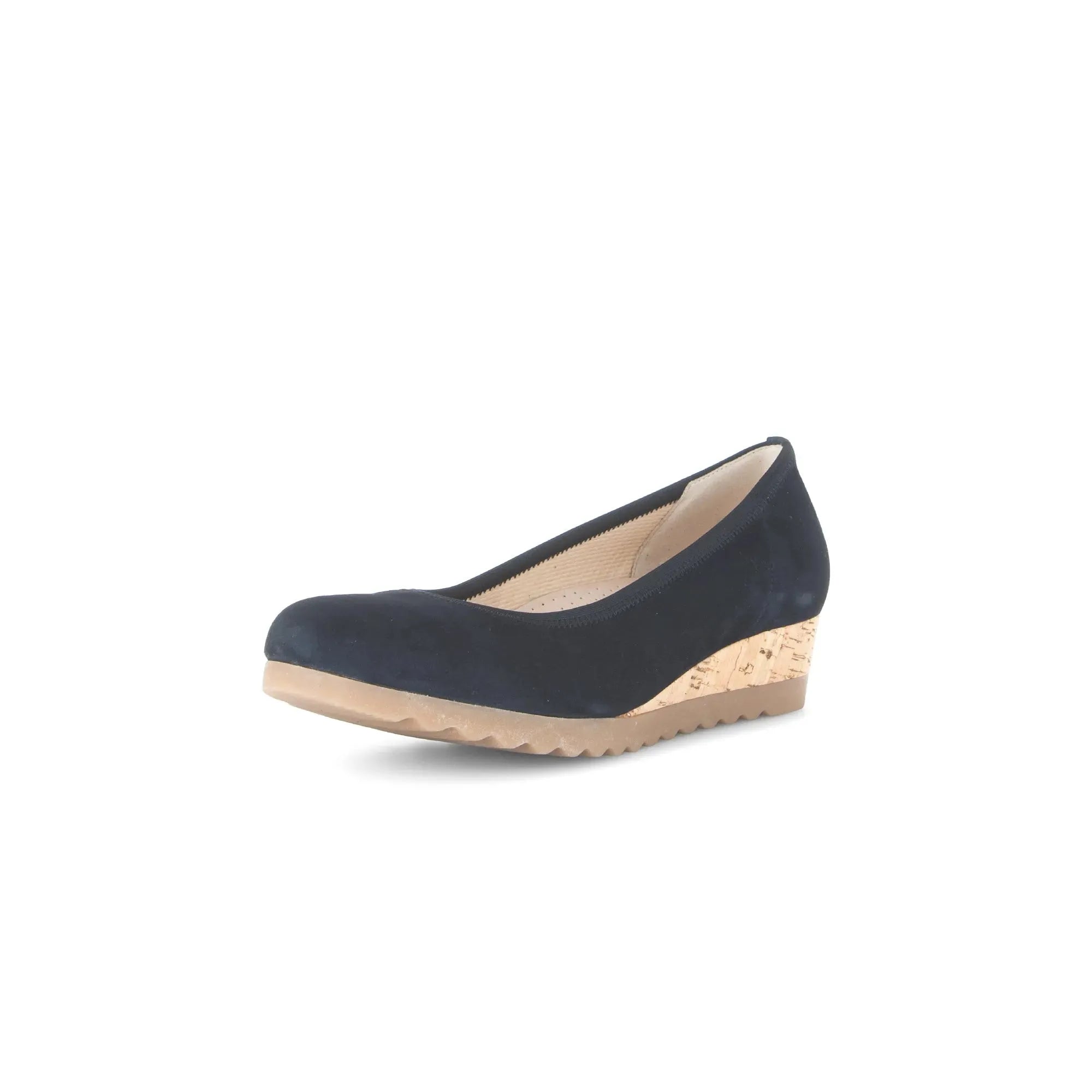 Gabor Epworth women's dark blue suede wedge heel shoes with elasticated sides and cork platform.