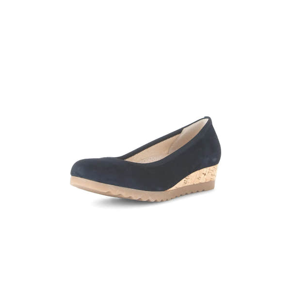 Gabor Epworth women's dark blue suede wedge heel shoes with elasticated sides and cork platform.