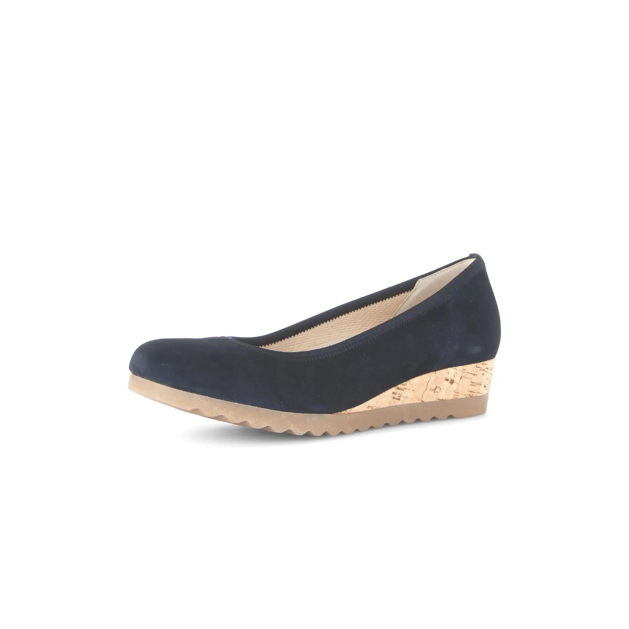 Gabor Epworth ladies dark blue suede wedge shoes with cork heel and elasticated sides.
