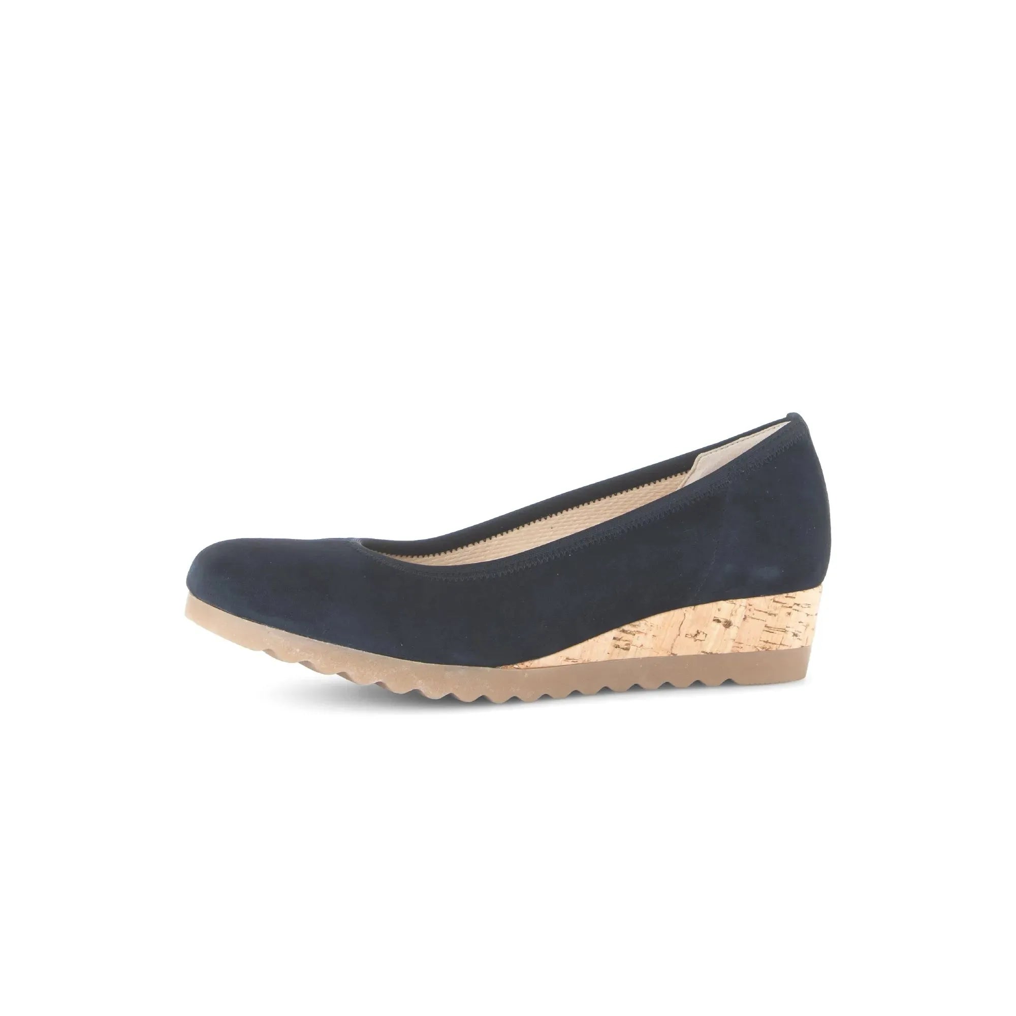 Gabor Epworth women's dark blue suede wedge shoes with elasticated upper and cork detail sole.