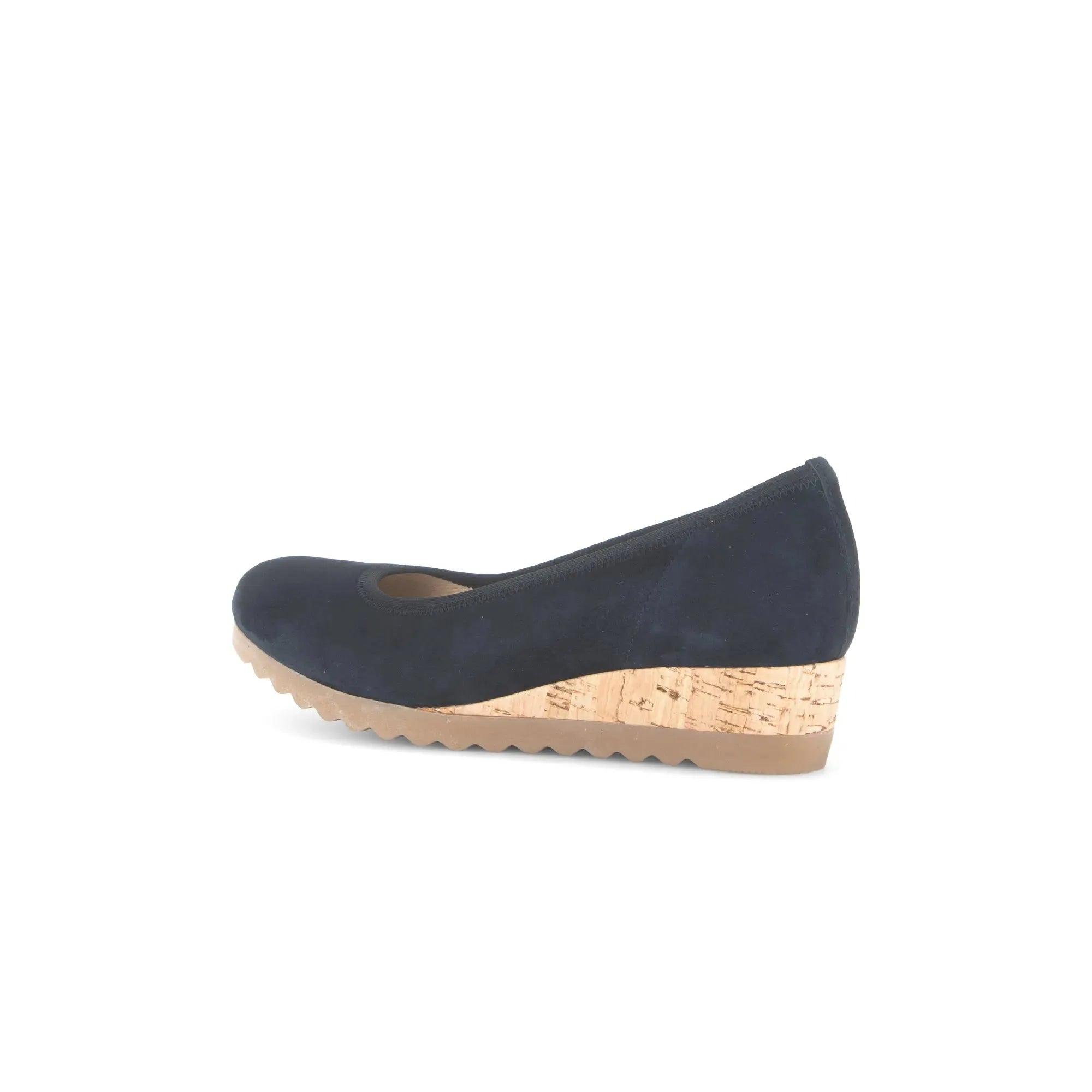 Gabor Epworth women's dark blue suede wedge heel shoe with elastic sides and cork platform sole.