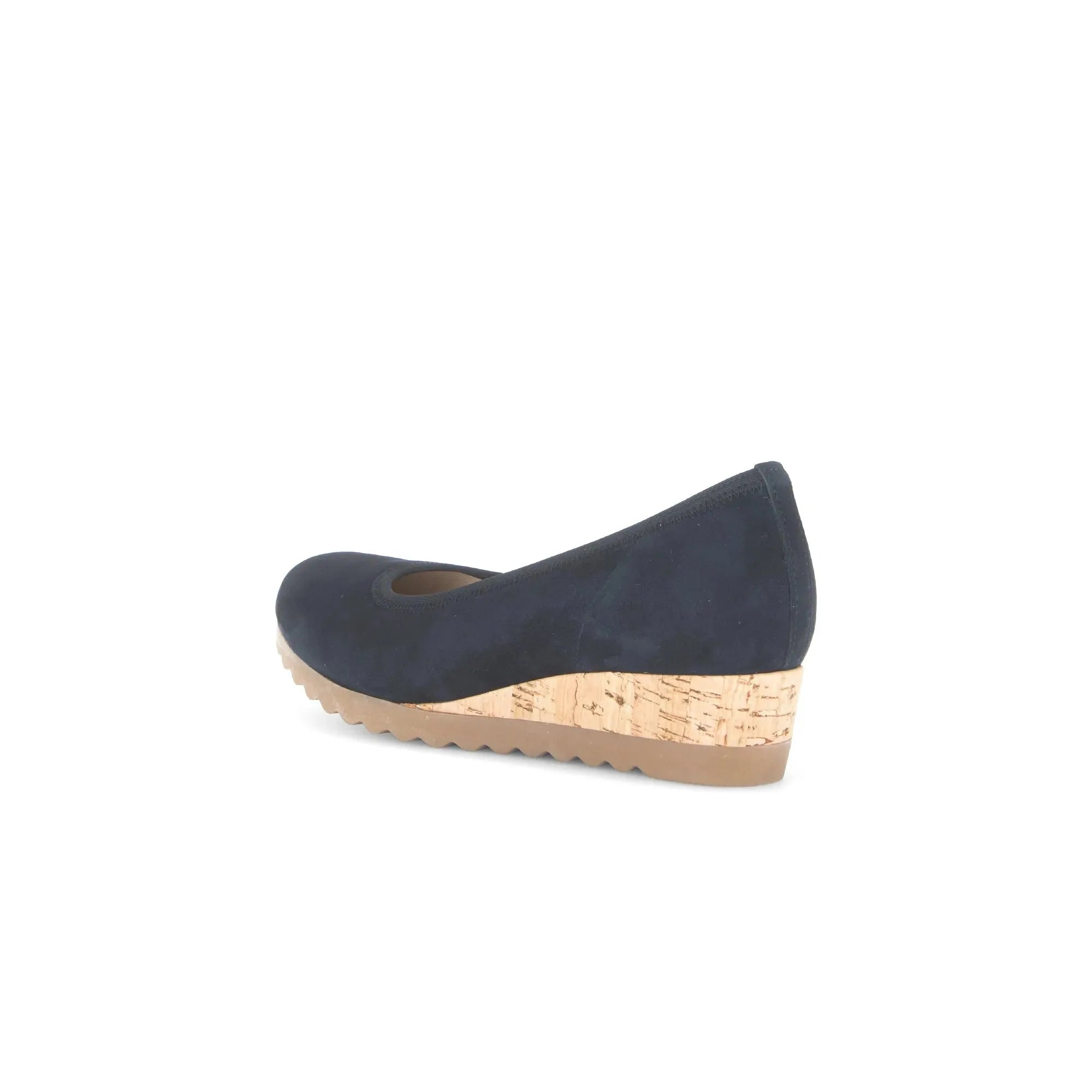 Gabor Epworth ladies' dark blue suede wedge slingback shoes with cork heel and elastic side panels.