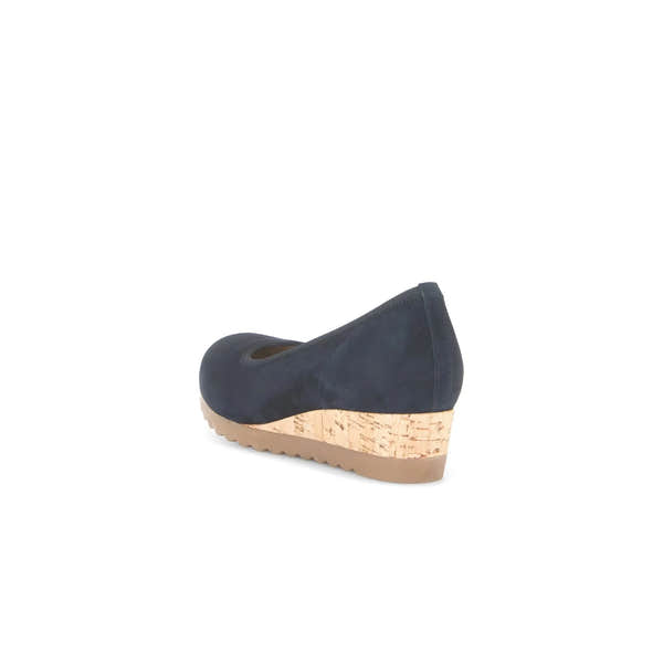 Gabor Epworth Ladies Dark Blue Suede Wedge Shoes with cork platform and elasticated sides.