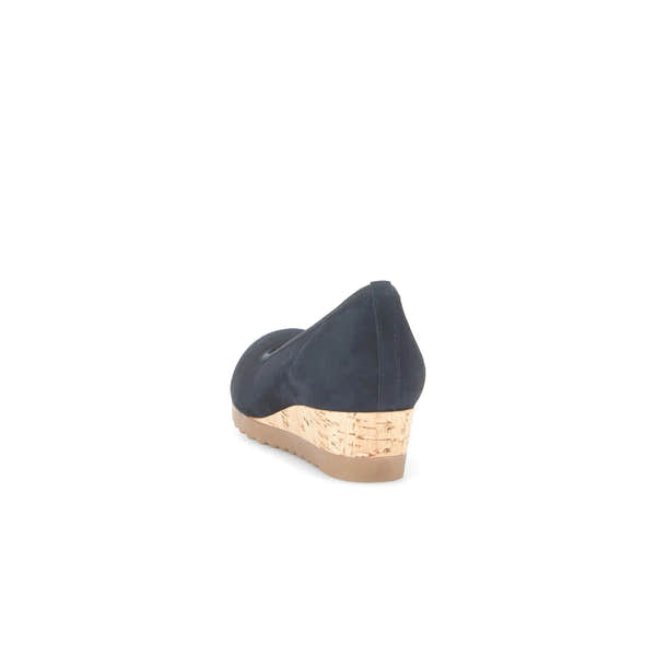 Gabor Epworth women's dark blue suede wedge shoes with elasticated sides and cork platform heel.