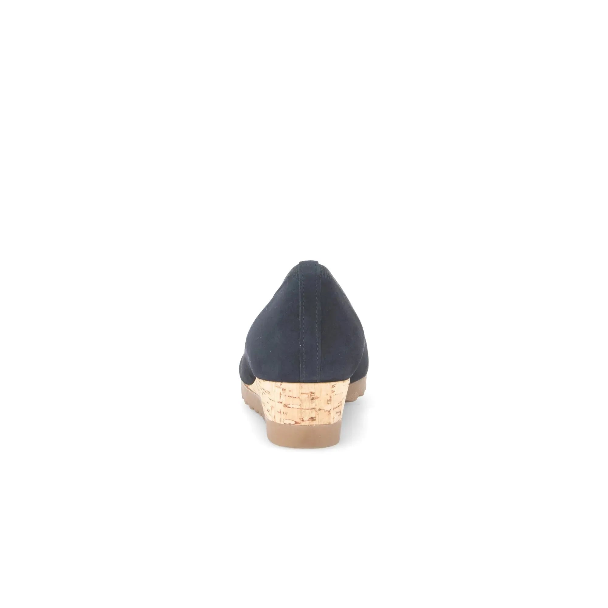 Gabor Epworth dark blue suede ladies elasticated wedge shoes with cork heel, rear view.