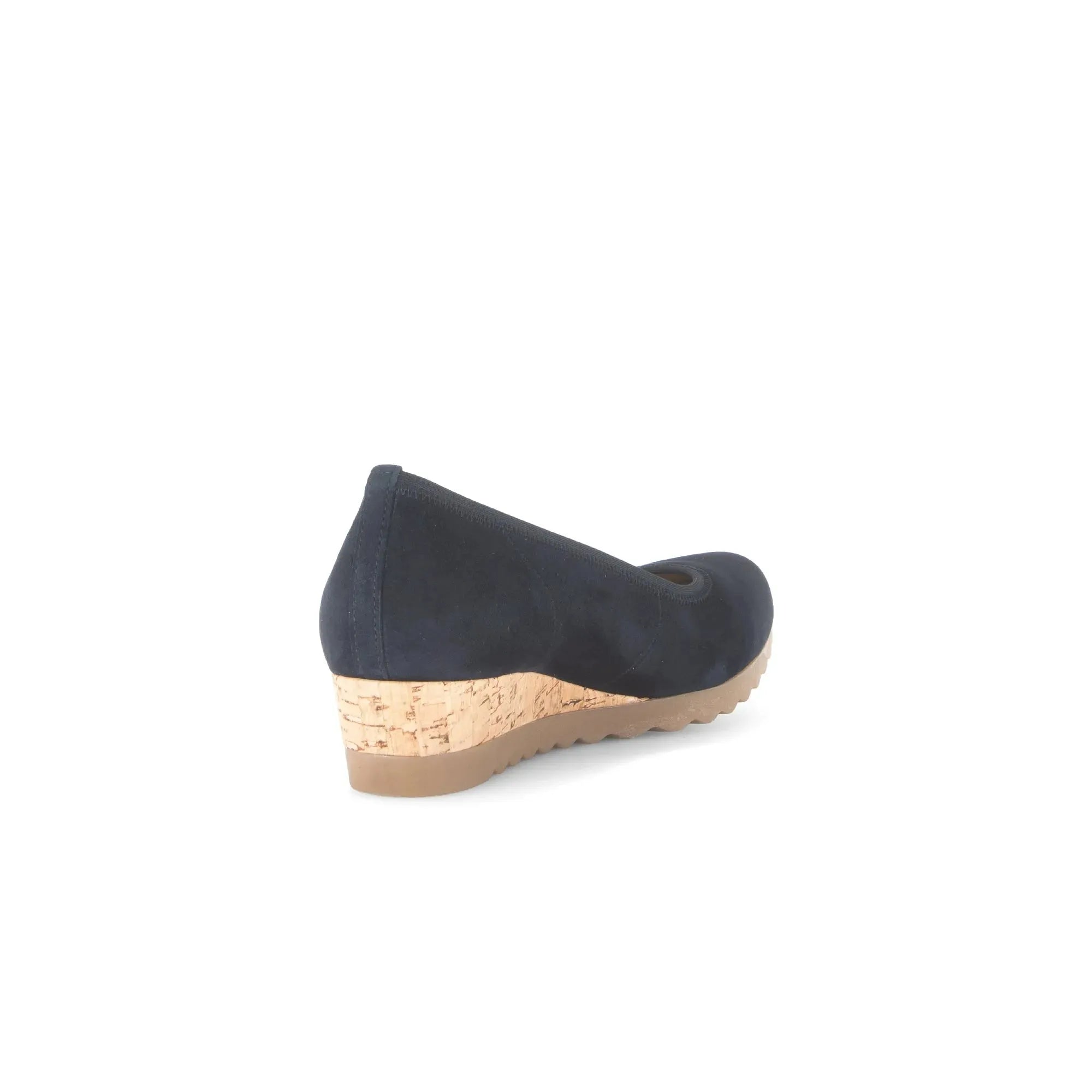 Gabor Epworth ladies' dark blue suede elasticated wedge shoes with cork heel and slip-on design.