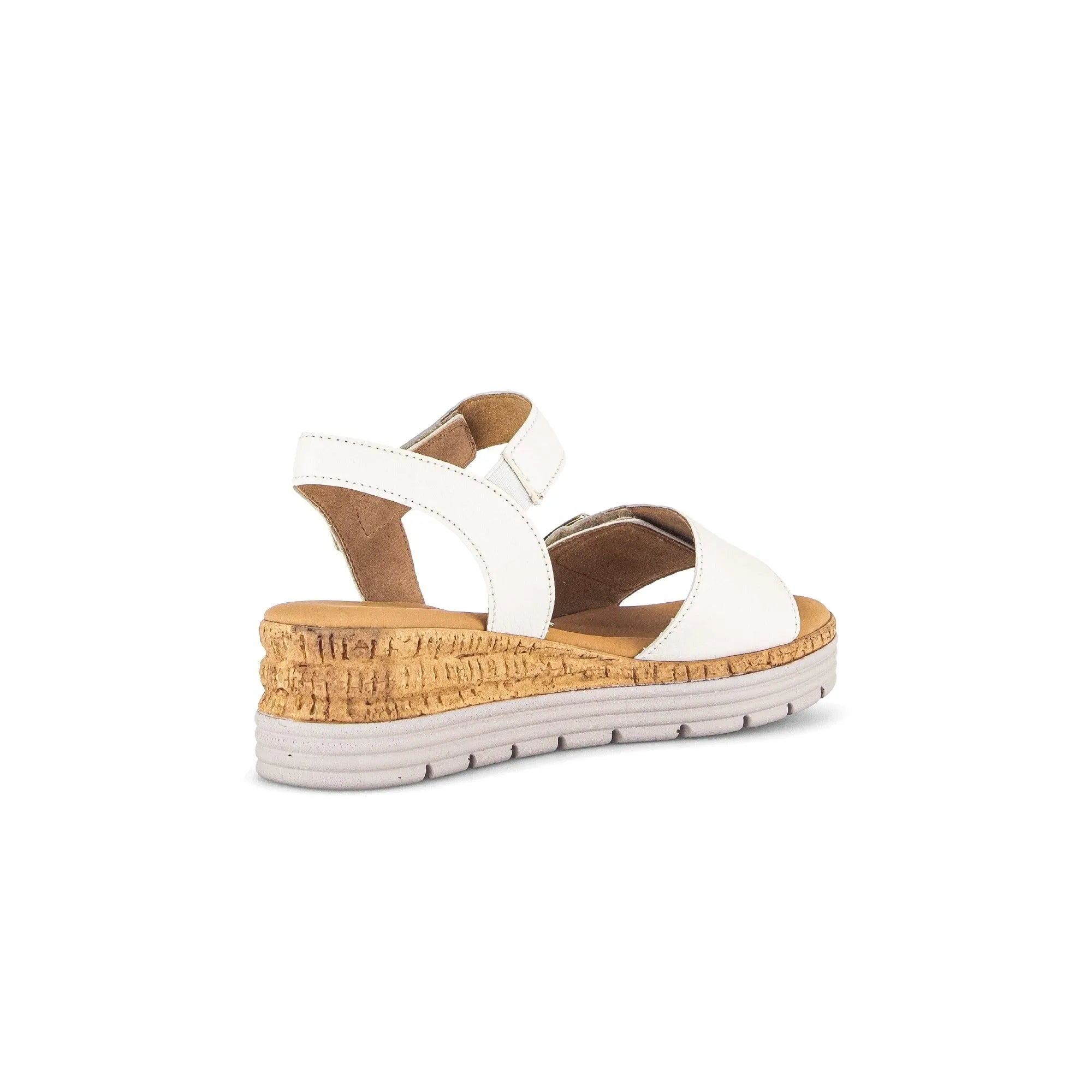 Gabor ladies' cream leather touch fastening sandals with cork platform and white sole.