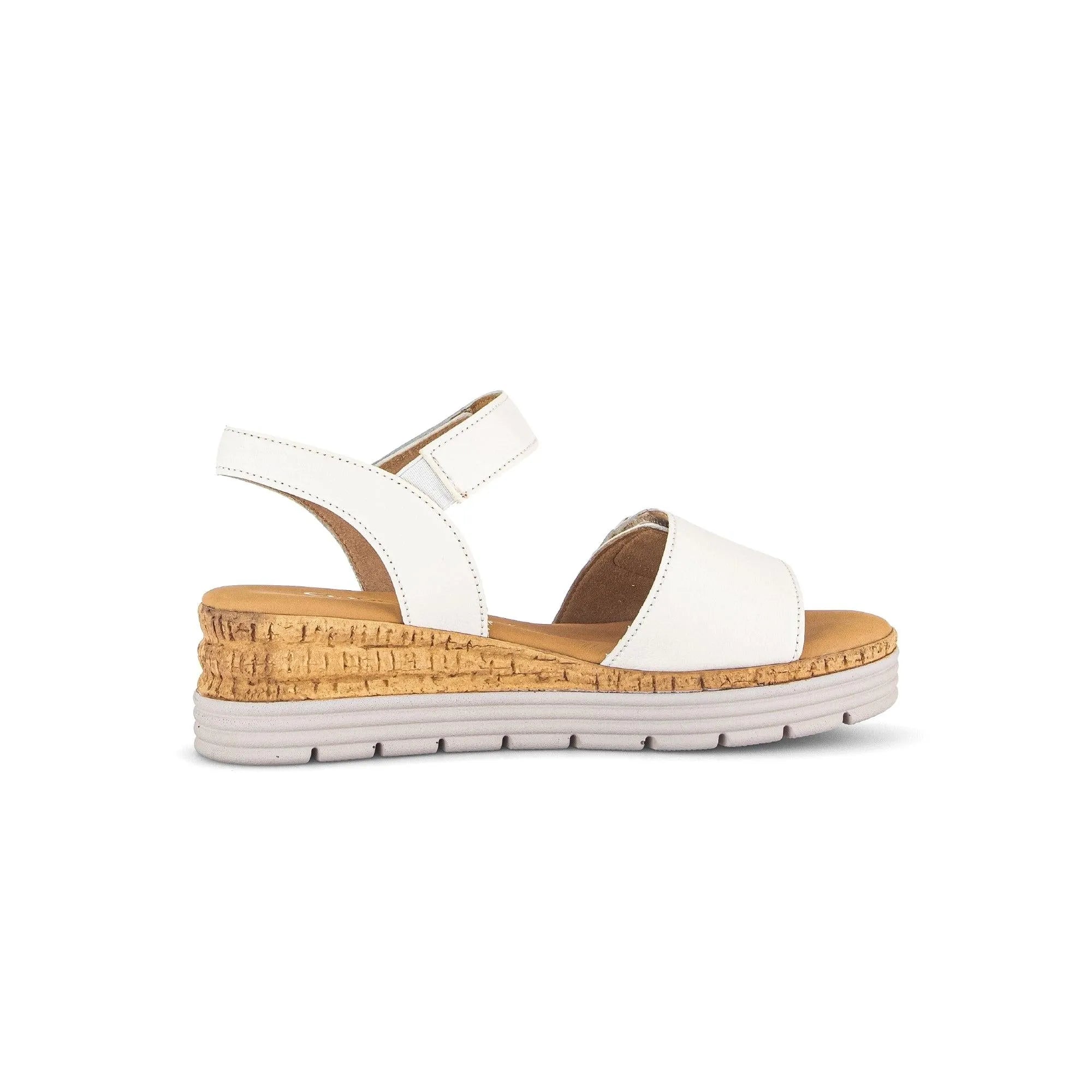 Gabor Ladies Cream Leather Touch Fastening Sandals with wedge sole and ankle strap for casual summer wear.