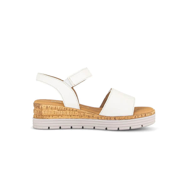 Gabor women's cream leather touch fastening sandals with cork wedge sole and white rubber outsole.
