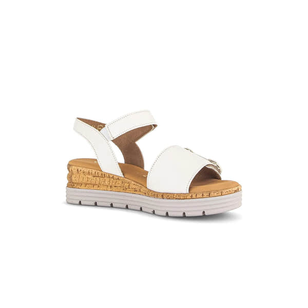Gabor Ladies Cream Leather Touch Fastening Sandals with wedge sole and cork detail.