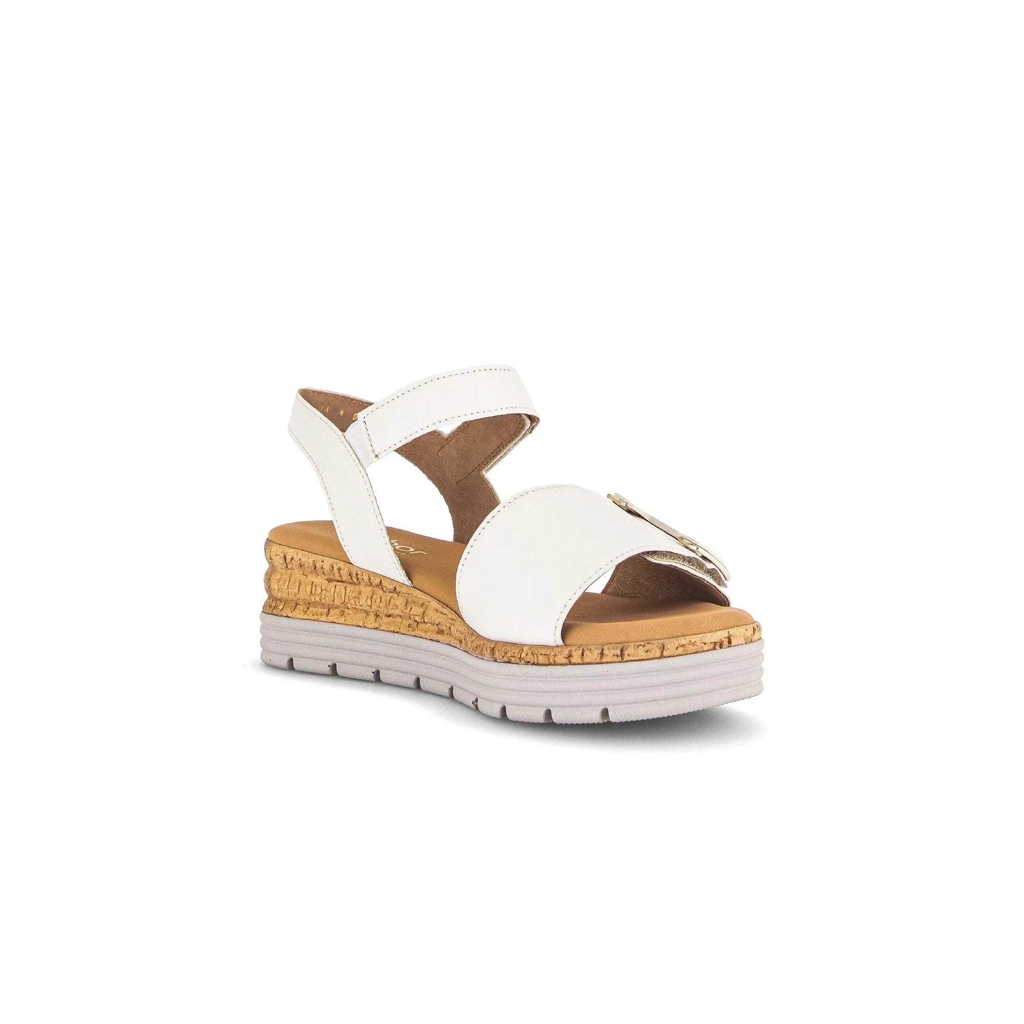 Gabor Women's Cream Leather Touch Fastening Sandals with cushioned cork-like sole and platform heel.