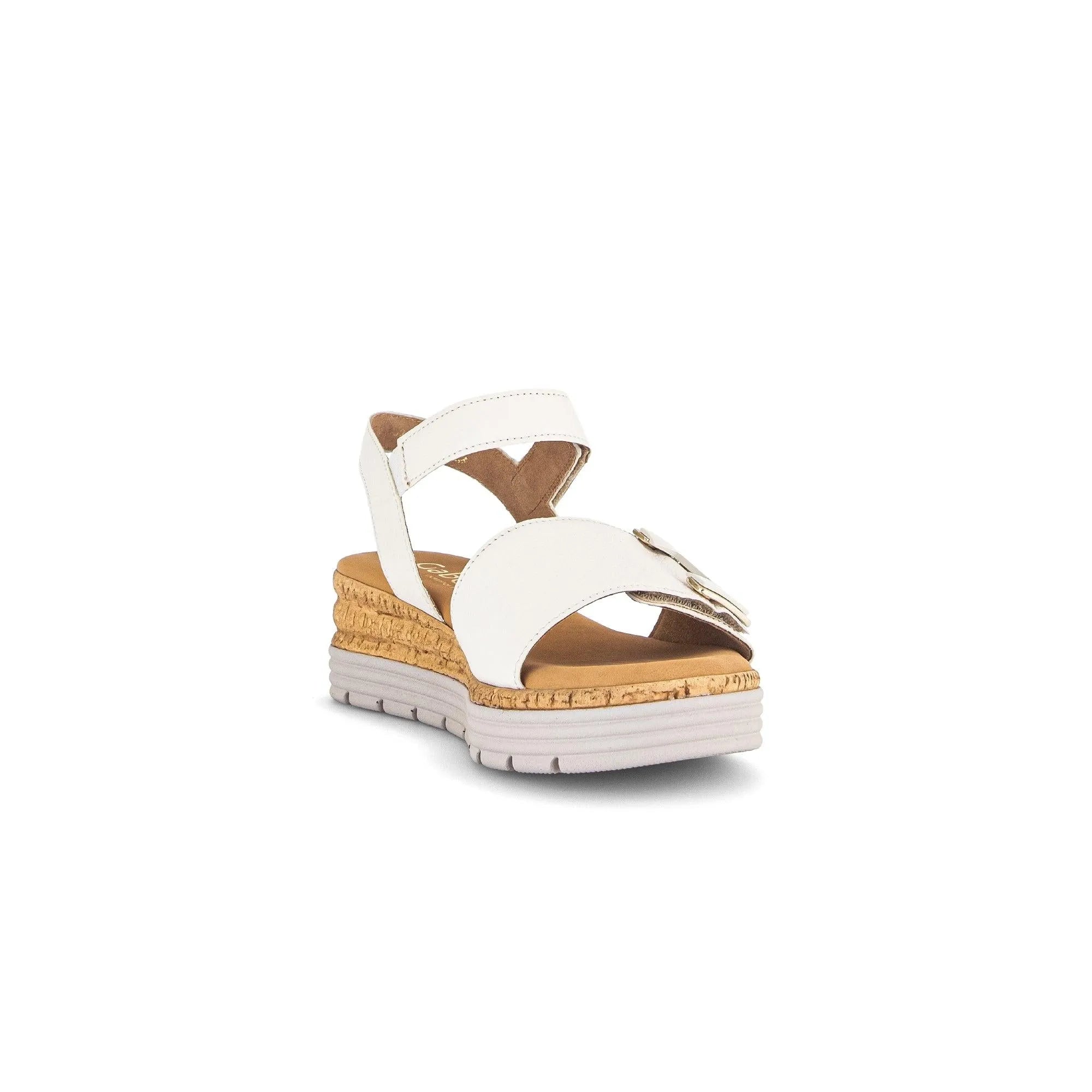 Gabor Shout Ladies Cream Leather Touch Fastening Sandals with wedge heel and buckle detail.