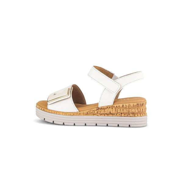 Gabor Ladies Cream Leather Touch Fastening Sandals with cushioned sole and cork wedge heel.
