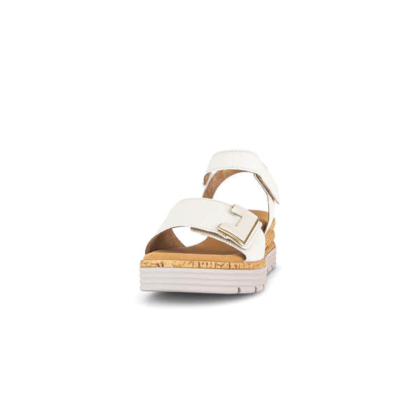 Gabor ladies' cream leather touch fastening sandals with adjustable straps and a cushioned sole.