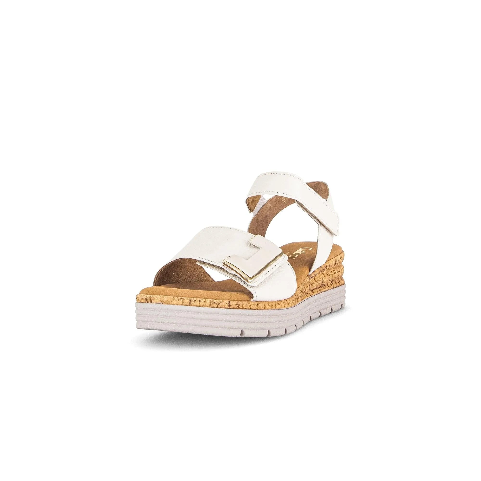 Gabor Ladies Cream Leather Touch Fastening Sandals with cork-style wedge sole and adjustable straps.