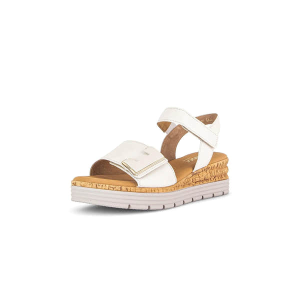 Gabor Shout Ladies Cream Leather Touch Fastening Sandals with cork wedge sole and adjustable straps.
