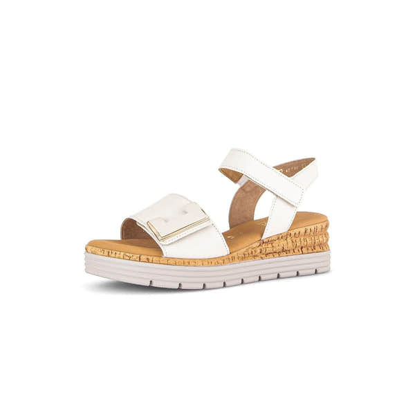 Gabor women's cream leather touch fastening sandals with cork-style platform sole and white rubber outsole.