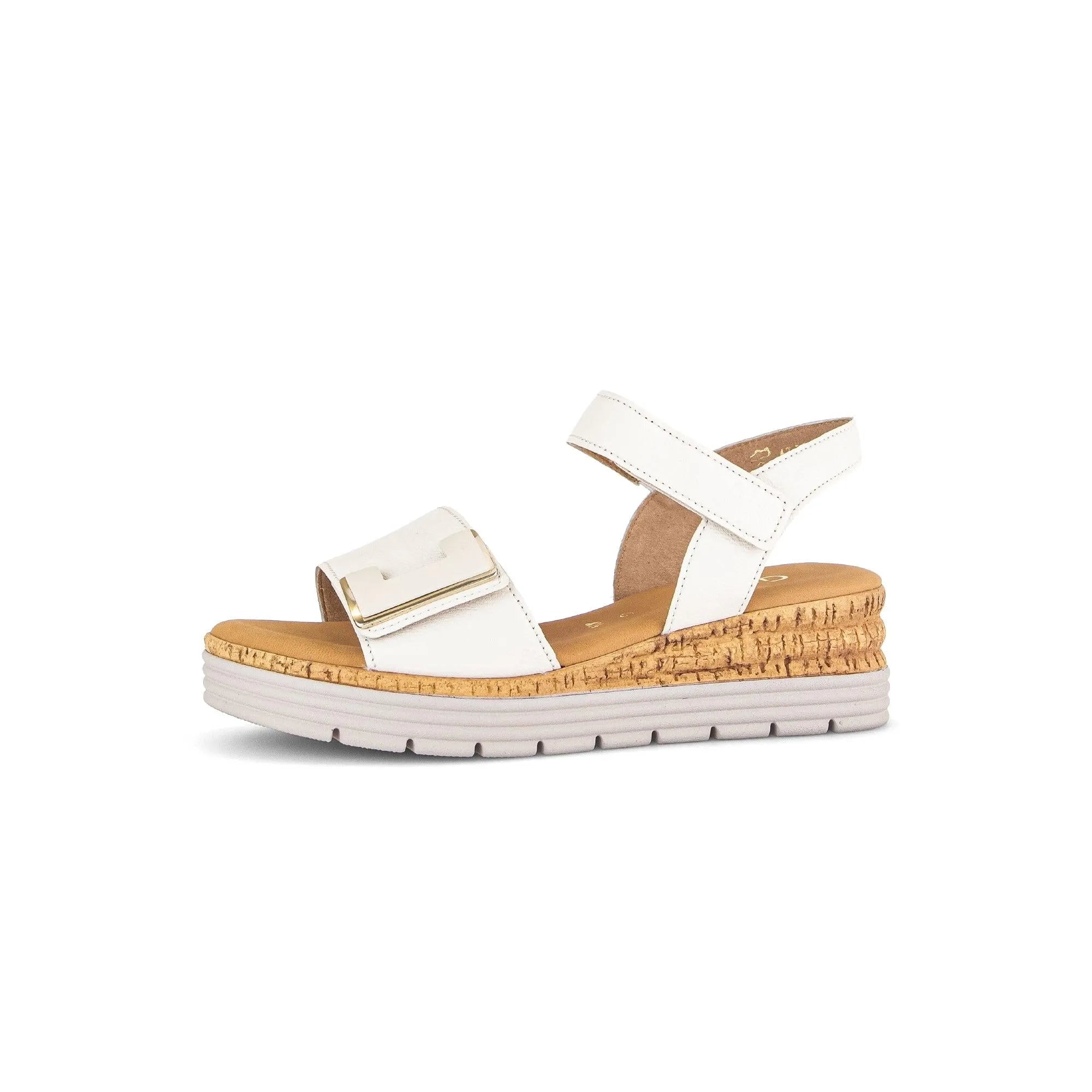 Gabor Ladies Cream Leather Touch Fastening Sandals with cork and white rubber sole, adjustable straps, and main open-toe design.