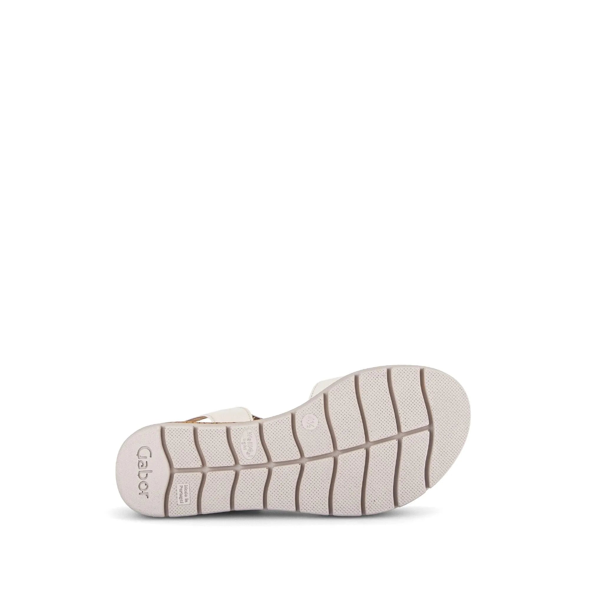 Gabor Ladies Cream Leather Touch Fastening Sandals with cushioned sole and sporty rubber outsole.