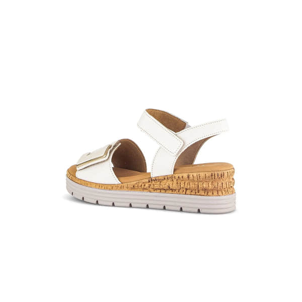 Gabor Ladies Cream Leather Touch Fastening Wedge Sandals with cork platform and white rubber sole.