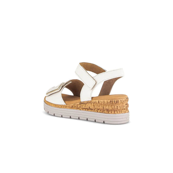 Gabor ladies' cream leather touch fastening wedge sandals with cork platform and chunky rubber sole.