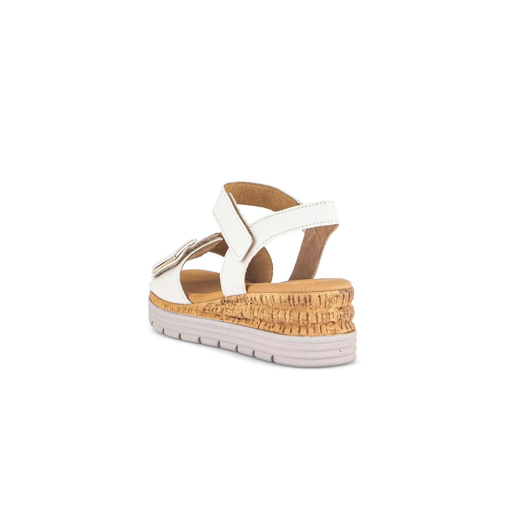 Gabor Ladies Cream Leather Touch Fastening Sandals with cork-effect wedge sole and adjustable straps.