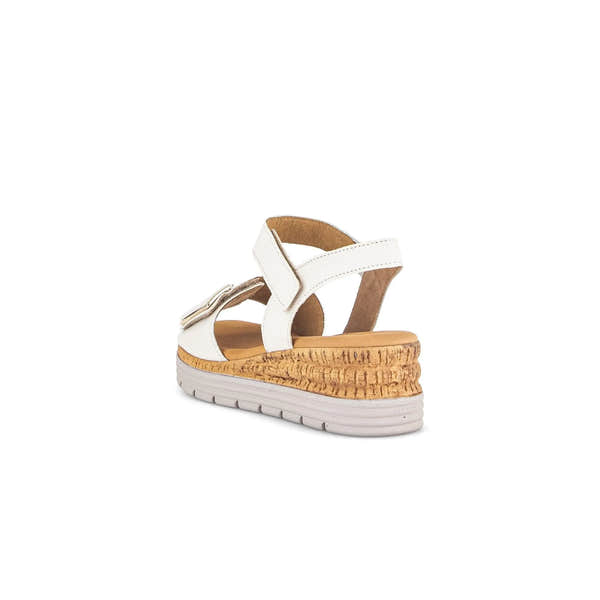 Gabor Ladies Cream Leather Touch Fastening Sandals with cork-effect wedge sole and adjustable straps.