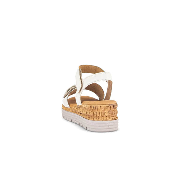 Gabor women's cream leather touch fastening sandals with cork wedge sole and comfort features.