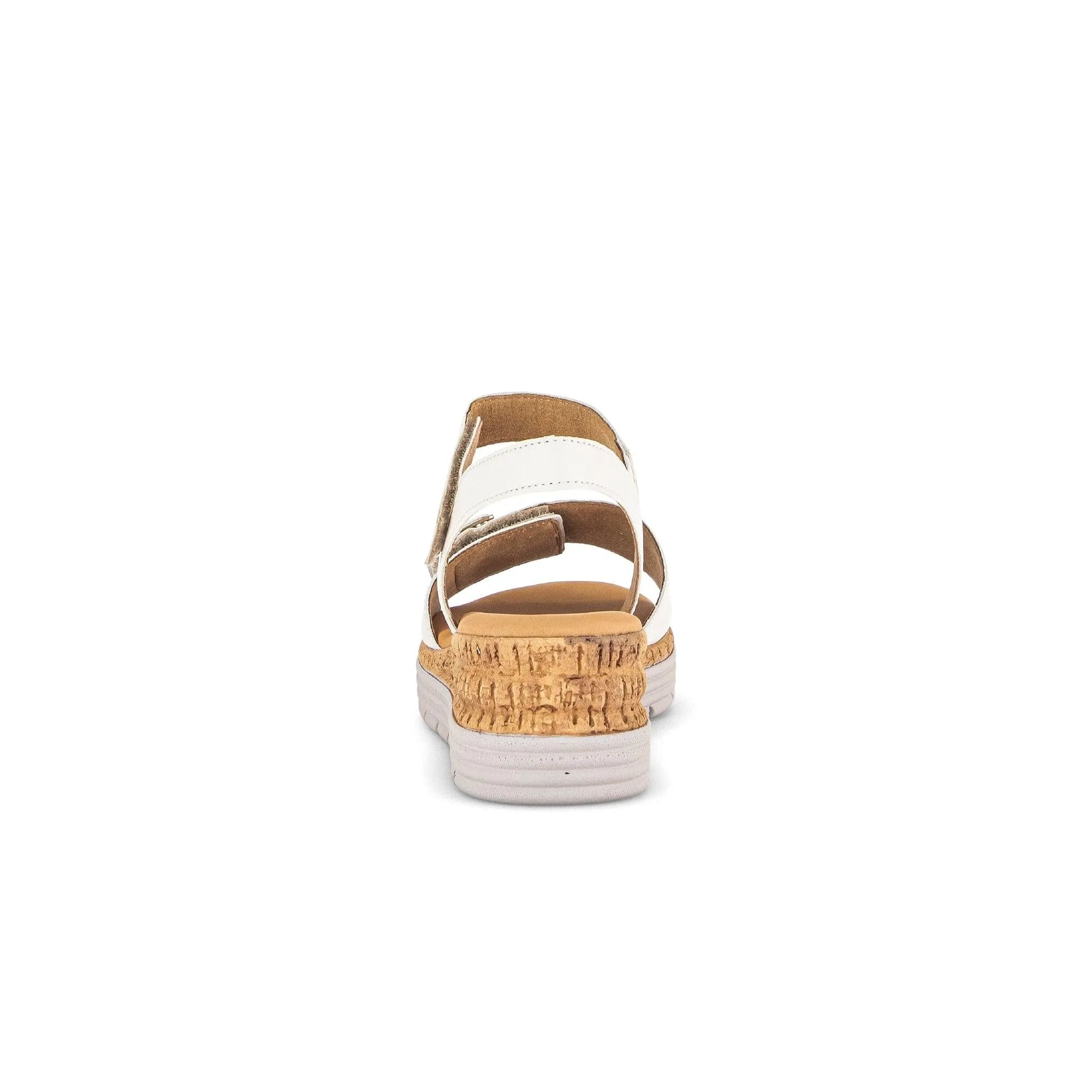 Gabor Shout Ladies Cream Leather Touch Fastening Sandals with cork sole and white accents, back view.