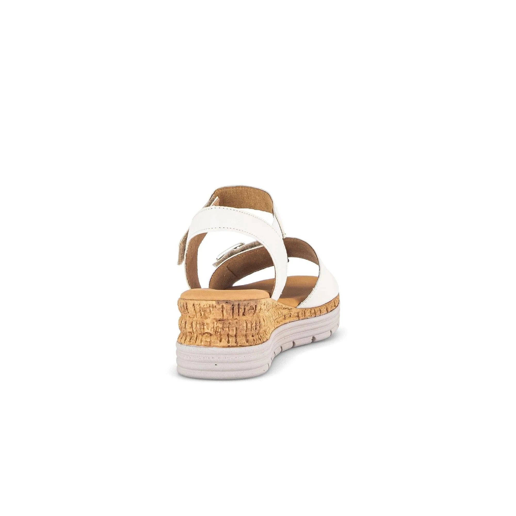 Gabor ladies' cream leather touch fastening sandals with cork-style wedge heel and comfortable white sole.