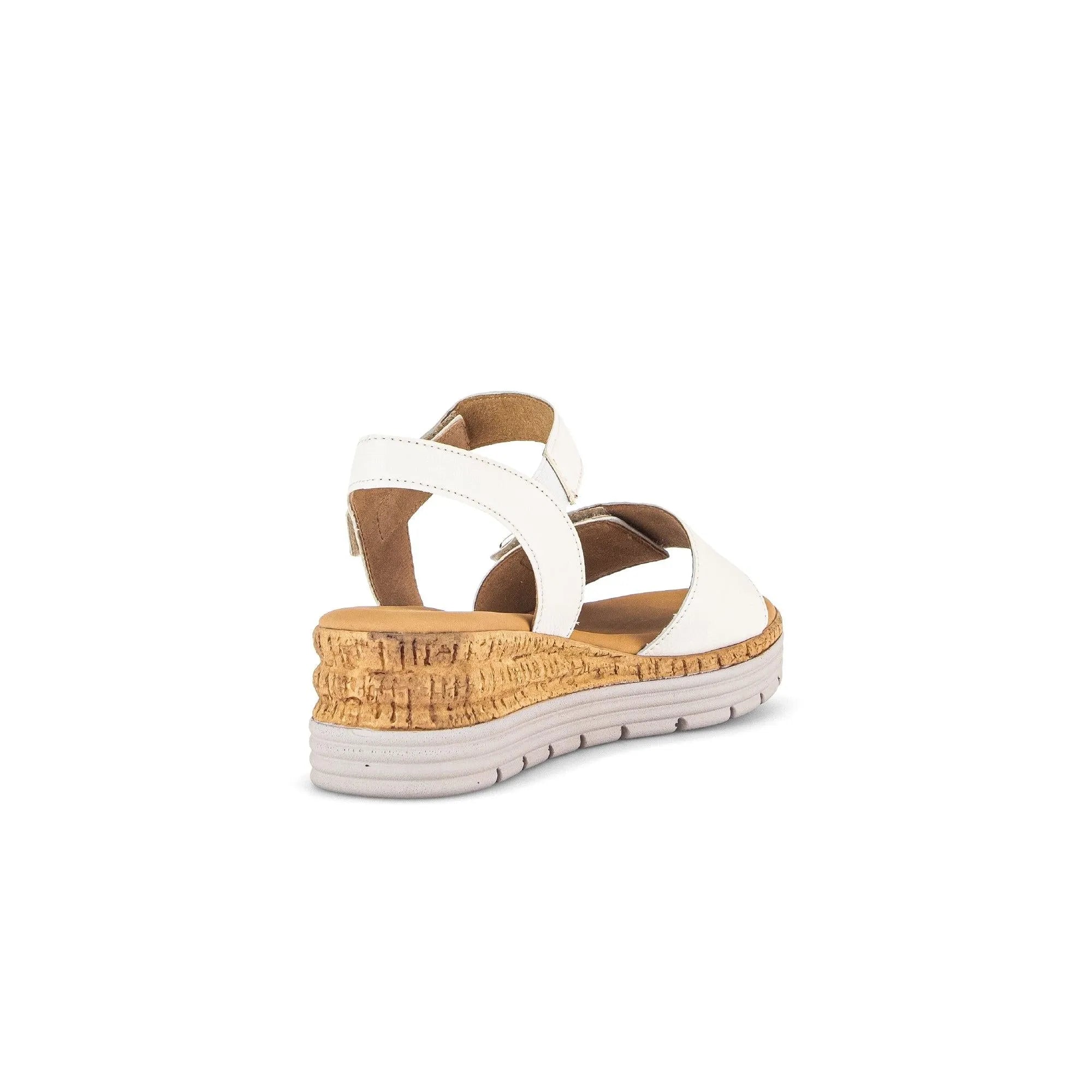 Gabor Ladies Cream Leather Touch Fastening Sandals with cork wedge sole and white adjustable straps.
