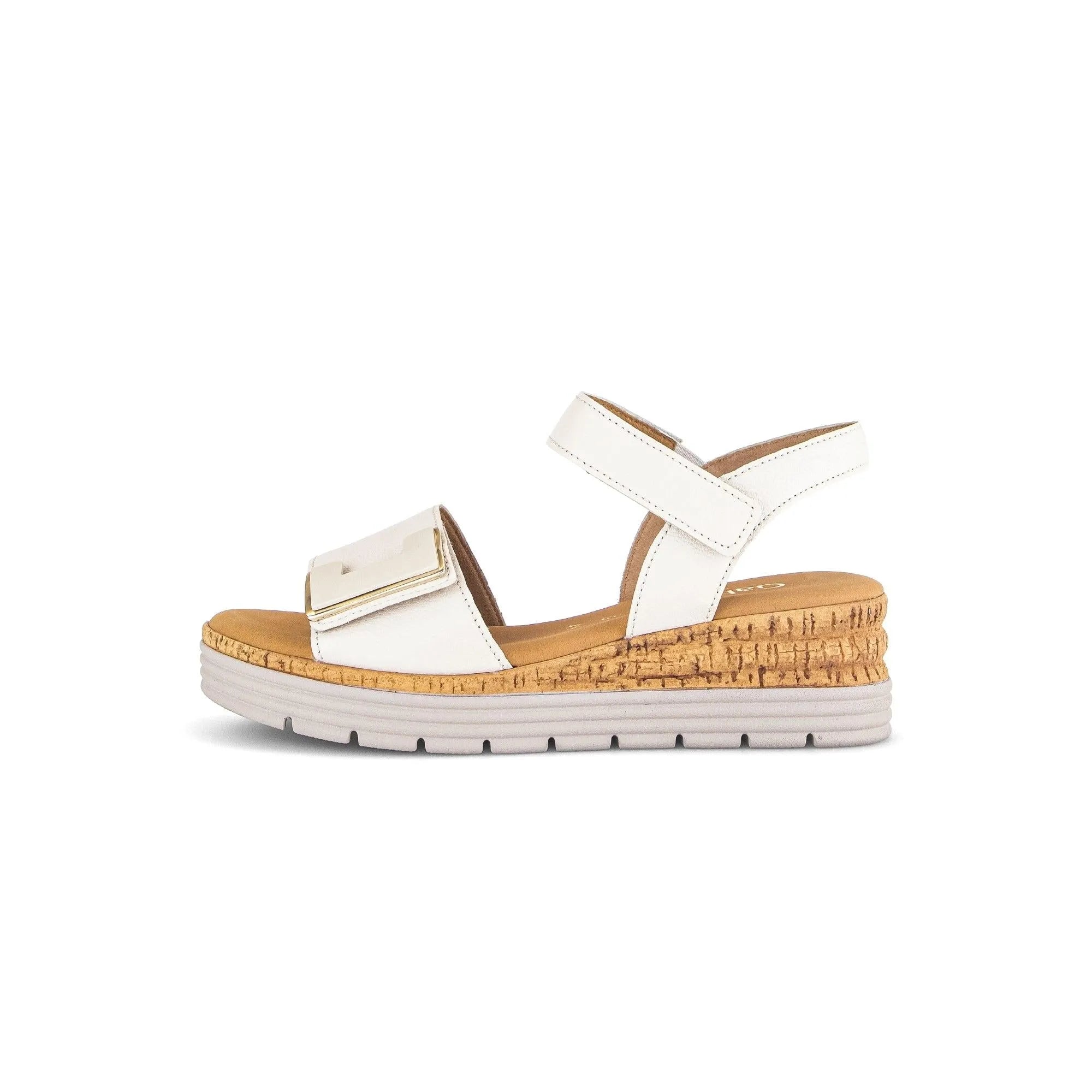 Gabor Ladies Cream Leather Touch Fastening Sandals with cork sole and adjustable straps.