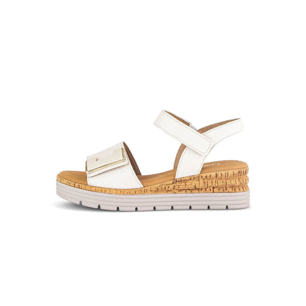 Gabor Ladies Cream Leather Touch Fastening Sandals with cork sole and adjustable straps.