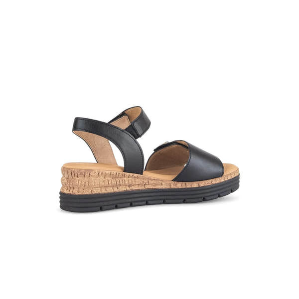 Black leather touch-fastening sandal with cork and rubber sole, open toe design, and padded straps.