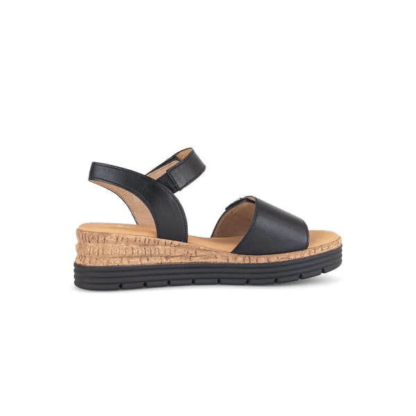 Gabor 82.700.57 Shout Ladies black leather sandals with touch-fastening straps and a cork-style platform sole.