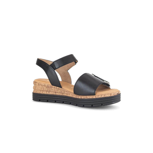 Black leather touch fastening sandals with cork wedge sole and padded footbed, designed for ladies.