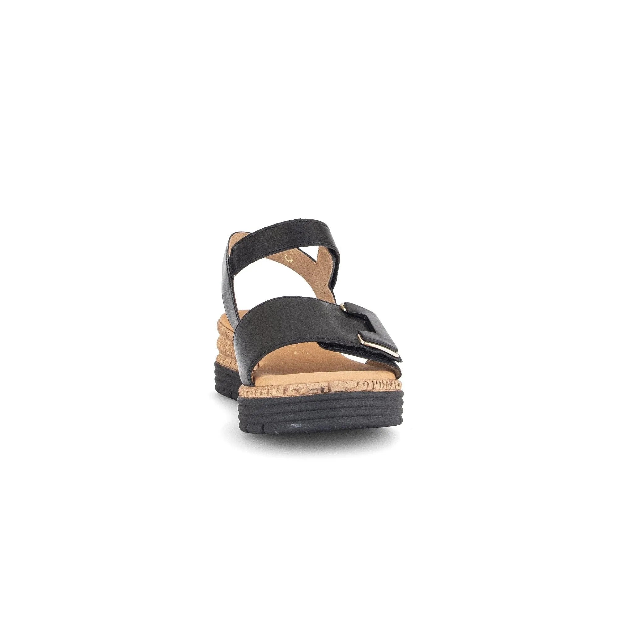 Gabor 82.700.57 Shout women's black leather touch-fastening sandals with buckle, cork heel, and strap details.