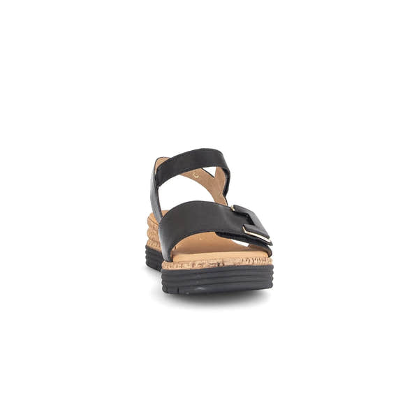 Gabor 82.700.57 Shout women's black leather touch-fastening sandals with buckle, cork heel, and strap details.