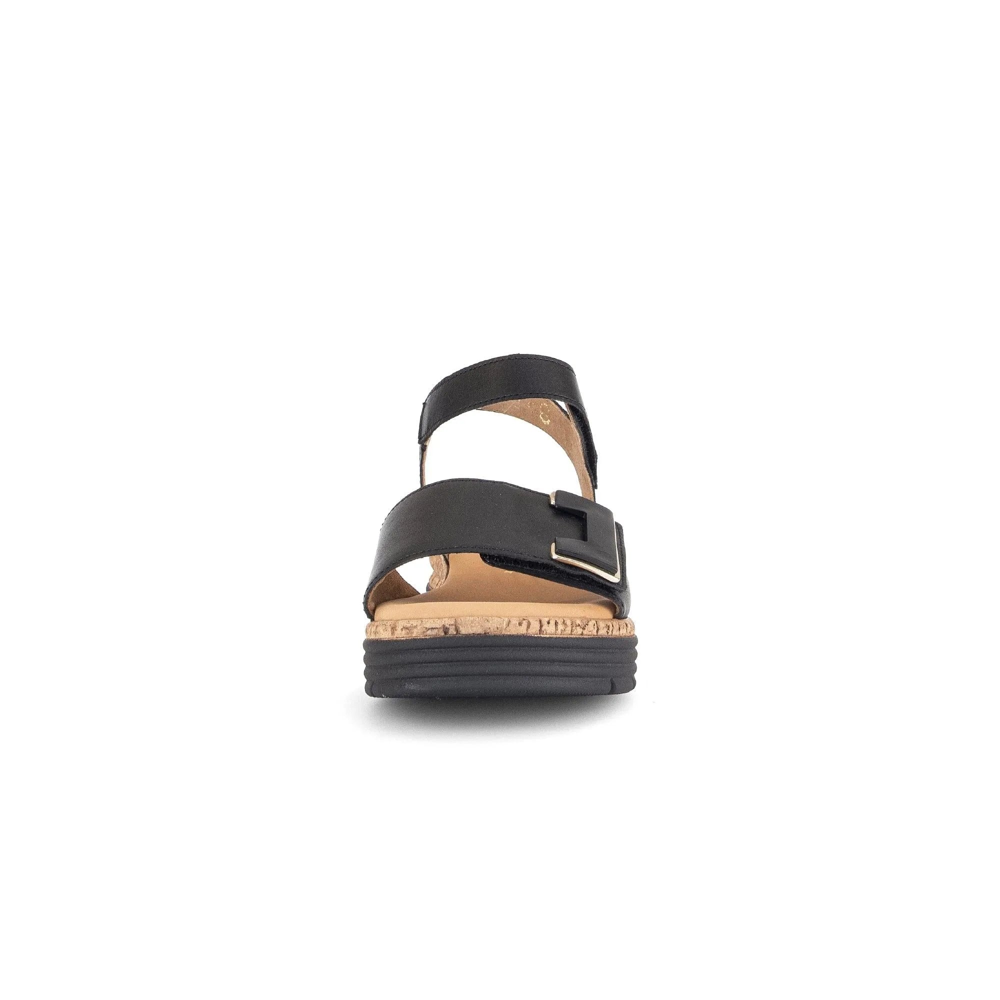 Black leather sandals with touch fastening, cork sole, and a stylish design, ideal for comfort and casual wear.