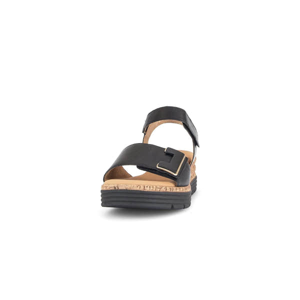 Black leather touch fastening sandal with wedge cork heel and textured rubber sole, designed for ladies.
