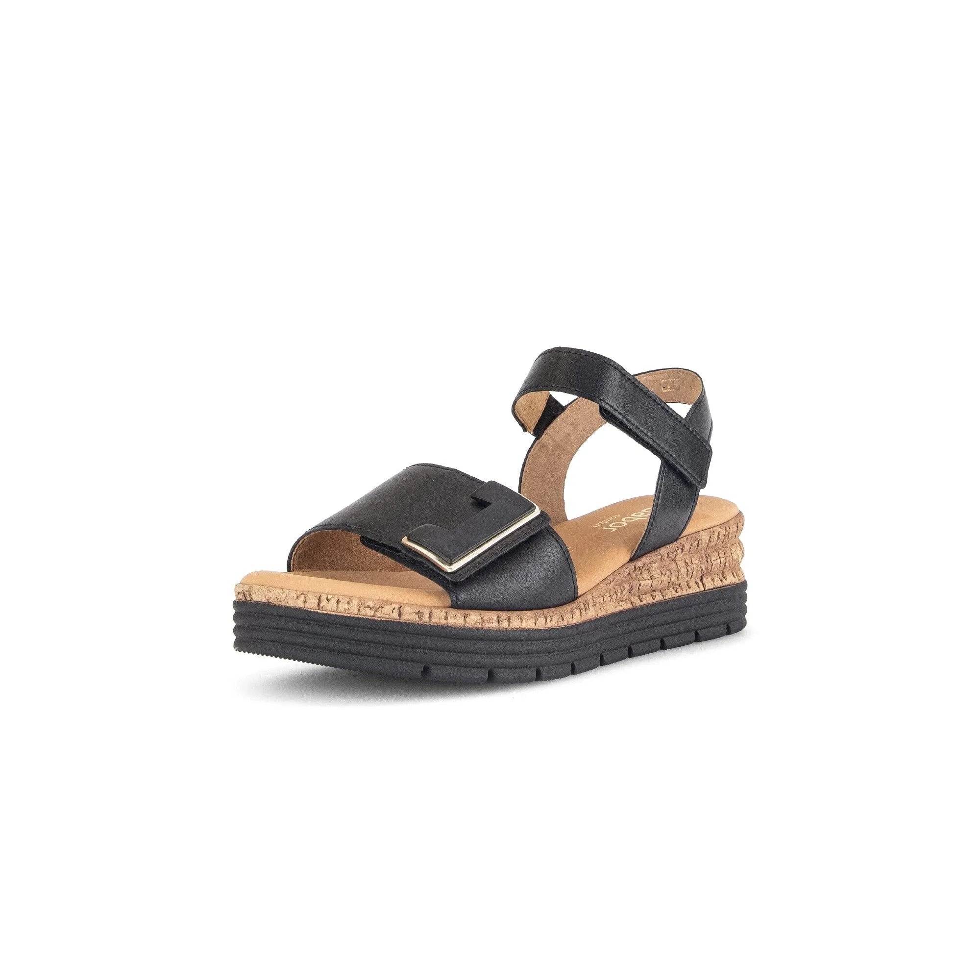 Black leather ladies' touch-fastening wedge sandals with a chunky cork platform and black rubber sole.