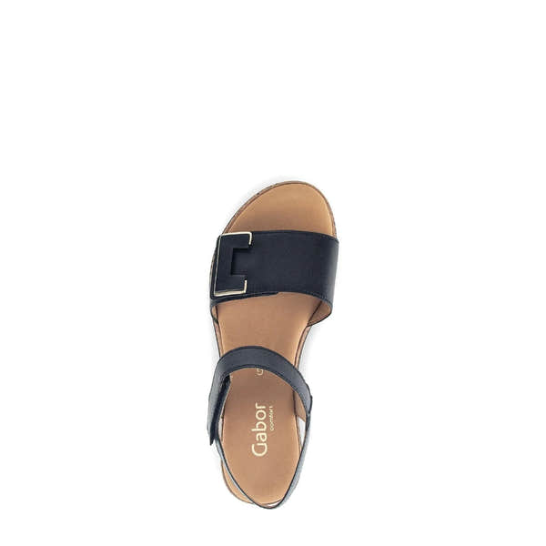 Black leather sandals with touch fastening straps and a silver buckle, beige footbed, Gabor logo inside.