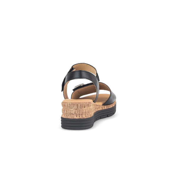 Gabor Shout ladies black leather sandals with touch fastening, chunky cork and black rubber sole, rear view.