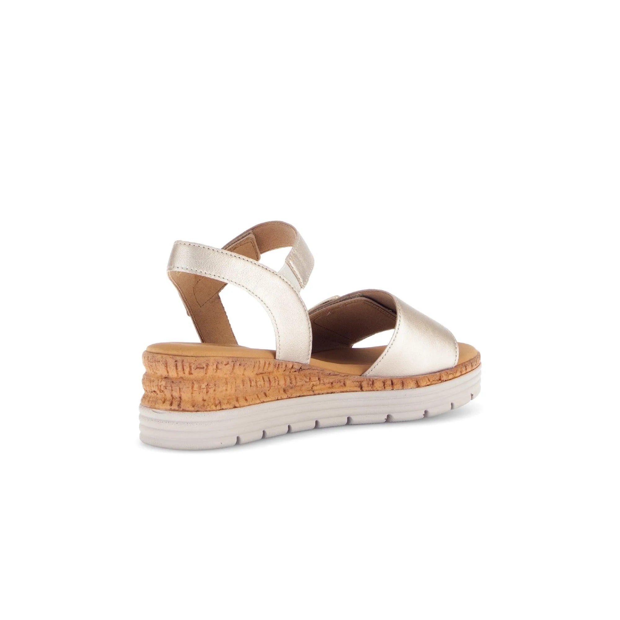 Beige leather touch fastening sandals with crossover straps and a cork wedge heel, perfect for summer wear.