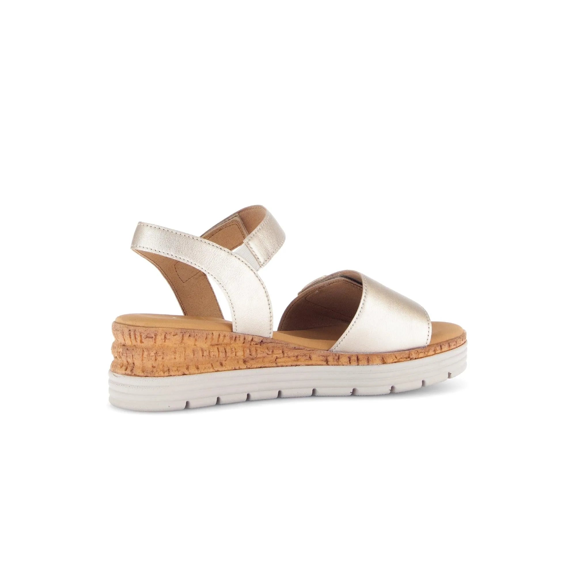 Beige leather touch fastening sandal with a cork and white rubber sole, open toe, and wide straps for ladies.