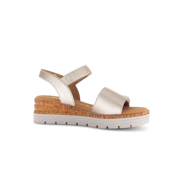 Beige leather touch fastening sandals with a wedge cork sole and adjustable straps for comfort and style.