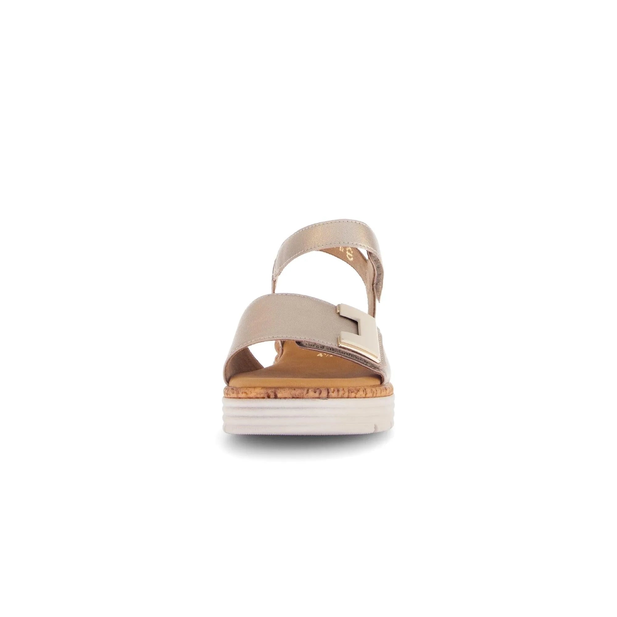 Beige leather touch fastening sandals featuring two straps and a stylish metallic detail on a white sole.