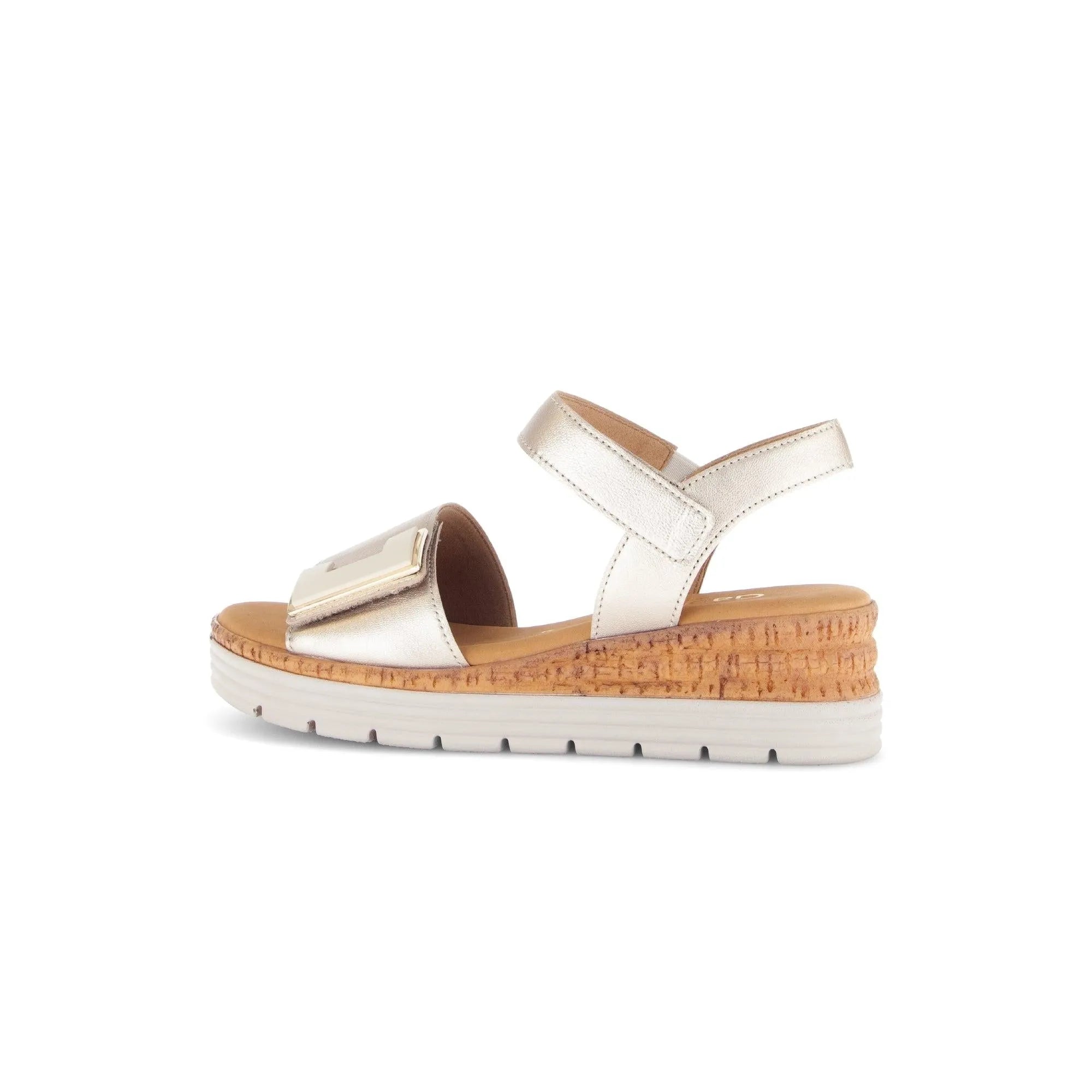 Beige leather touch fastening ladies' sandal with cork wedge sole and metallic strap detail.