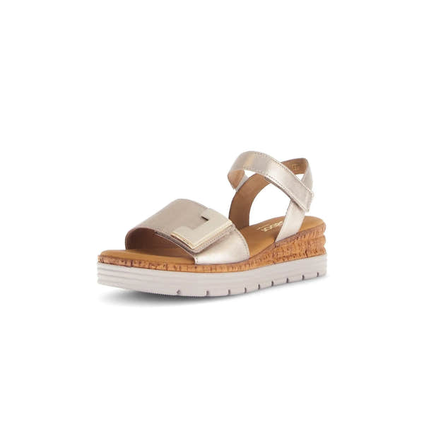 Gabor ladies beige leather touch fastening sandals with a cork wedge sole and white rubber outsole.