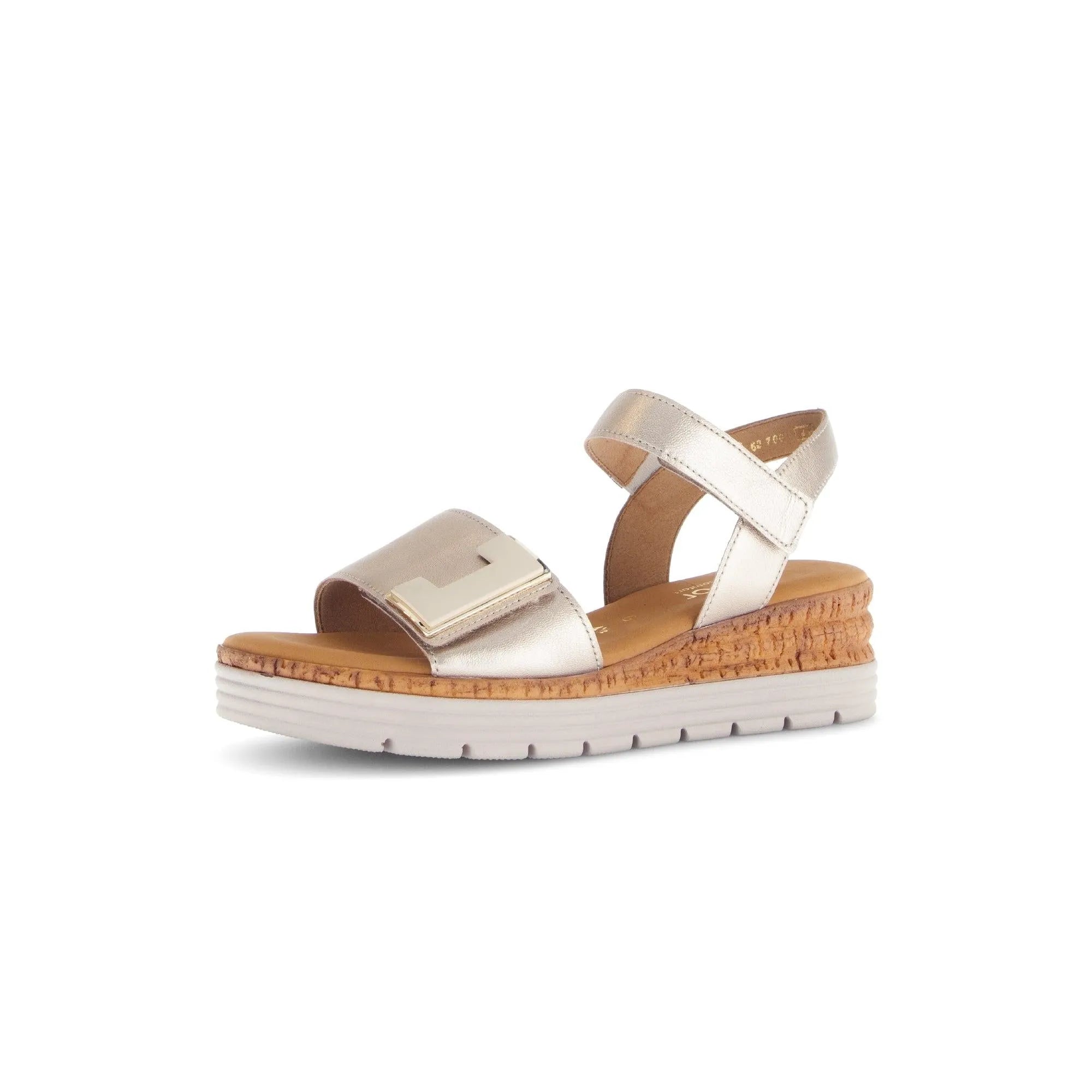 Beige leather touch fastening sandals with metallic accents and cork-style wedge sole for comfort and style.